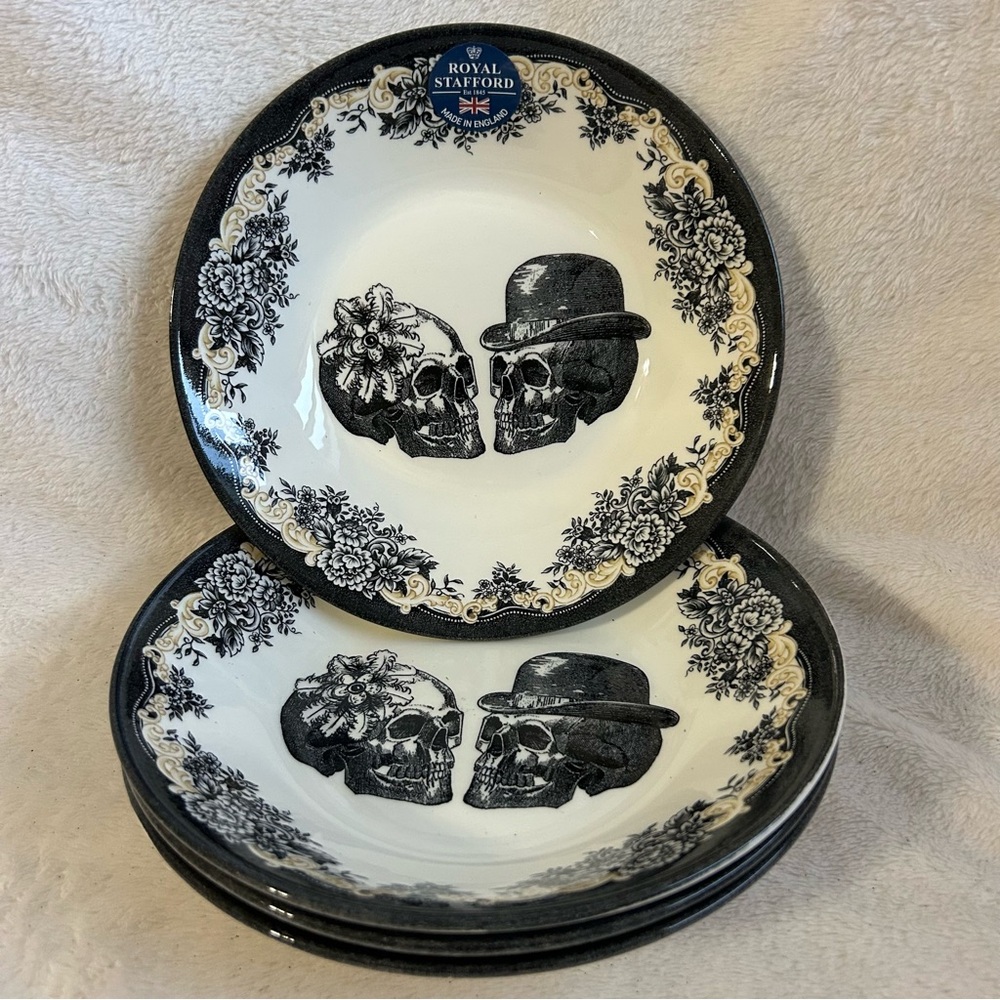 NEW Royal Stafford Til Death Do Us Part Skeleton Skull Soup Bowls S/4